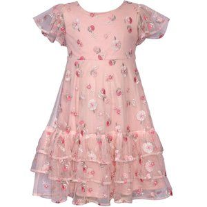 Bonnie Jean Girls 2T-16 Pink Embroidered Mesh Ruffle Hem Dress